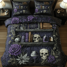 Bookshelf of Death Skull 3 Piece Quilted Bedding Set Gift For Gothic Decor Lovers
