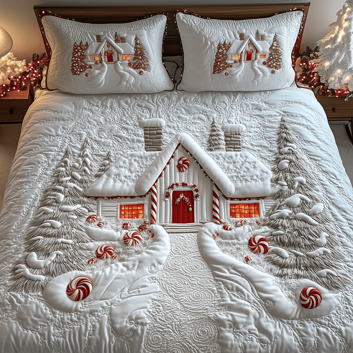 Candy Canes Whimsical House 3 Piece Quilted Bedding Set Gift For Holiday Decor Lovers