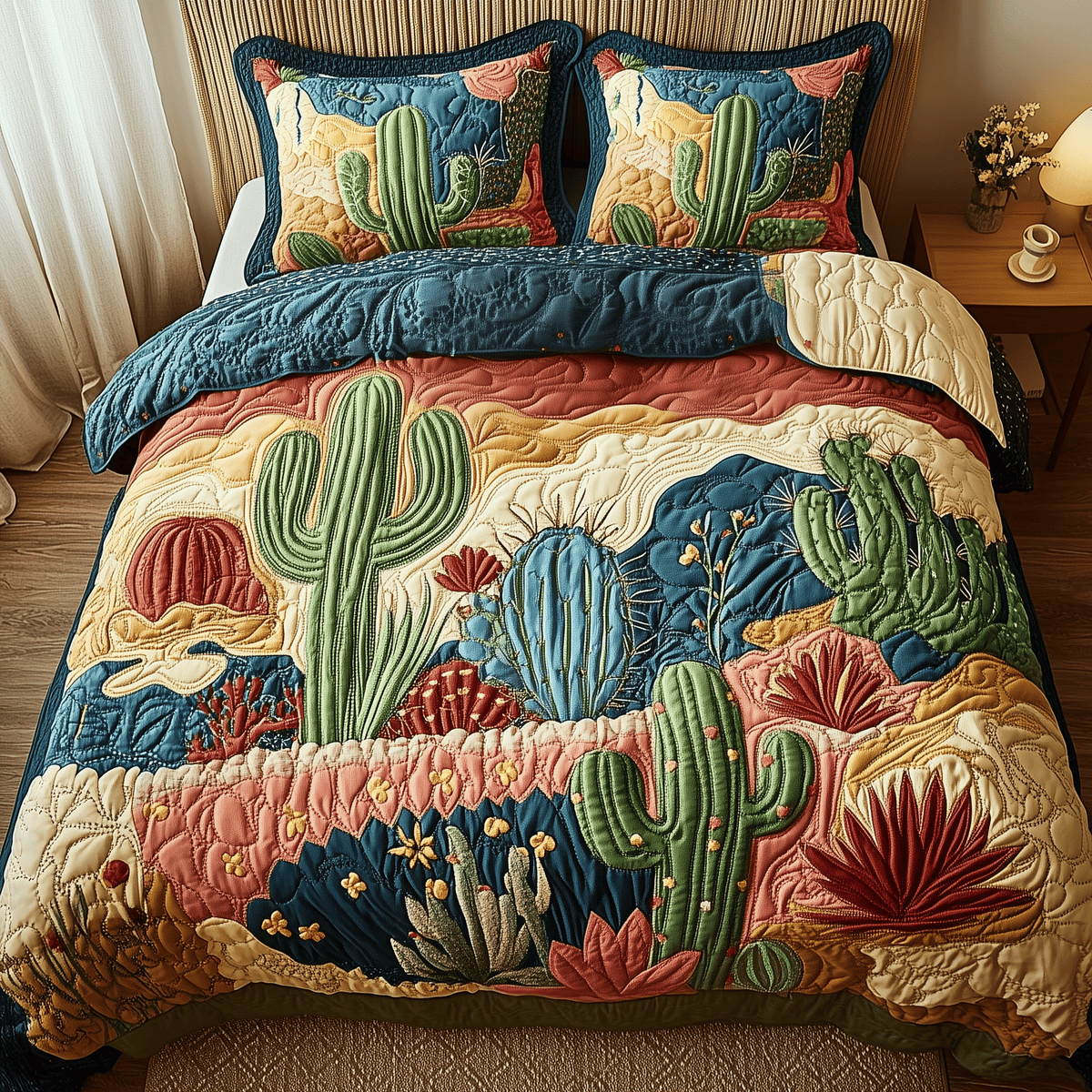 Cactus Festival 3 Piece Quilted Bedding Set Gift For Home Decor Lovers
