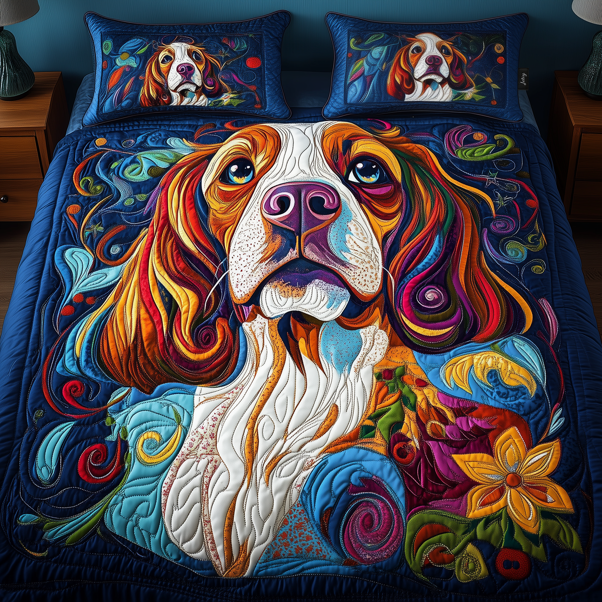 Spaniel Dog 3 Piece Quilted Bedding Set Gift For Dog Lovers