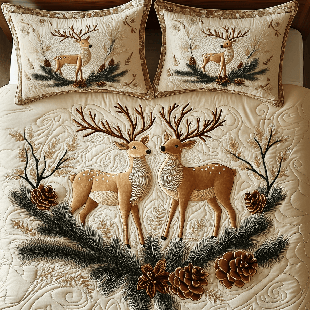 Reindeer Couple 3 Piece Quilted Bedding Set Christmas Gift For Holiday Decor Lovers