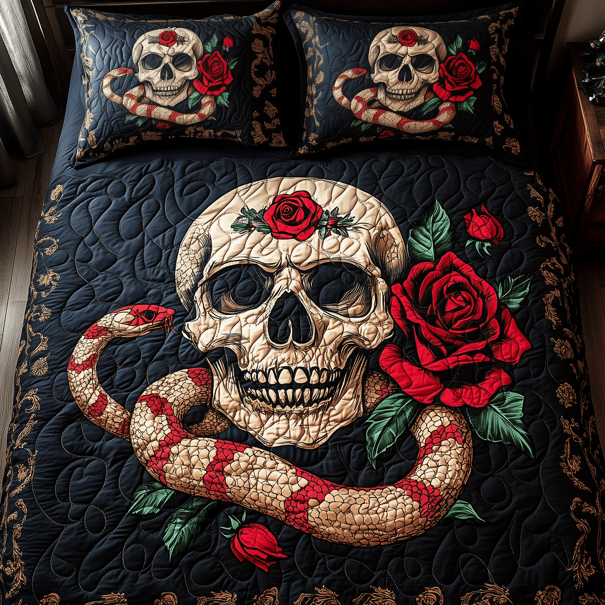 The Enchanted Skull 3 Piece Quilted Bedding Set Gift For Gothic Decor Lovers