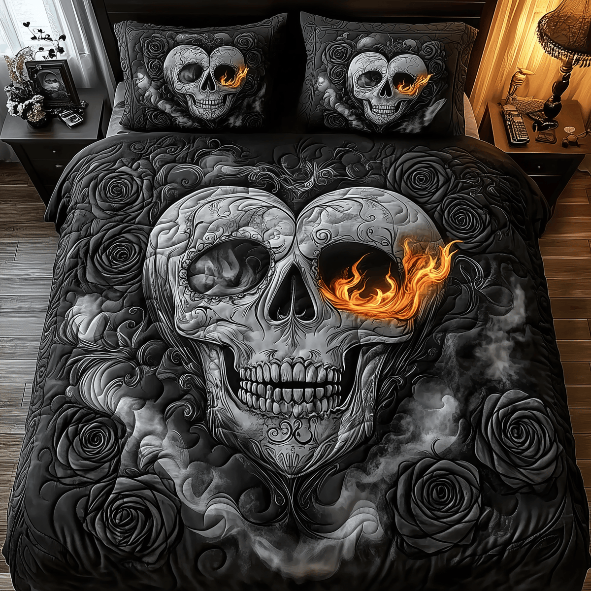 Black Skull Couple 3 Piece Quilted Bedding Set Gift For Gothic Decor Lovers