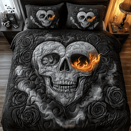 Black Skull Couple 3 Piece Quilted Bedding Set Gift For Gothic Decor Lovers