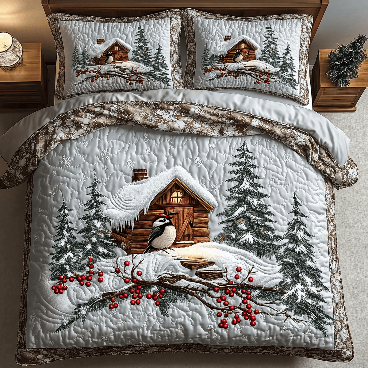 Cozy Cabin 3 Piece Quilted Bedding Set Christmas Gift For Holiday Decor Lovers