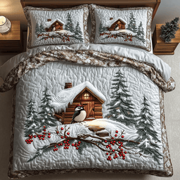 Cozy Cabin 3 Piece Quilted Bedding Set Christmas Gift For Holiday Decor Lovers