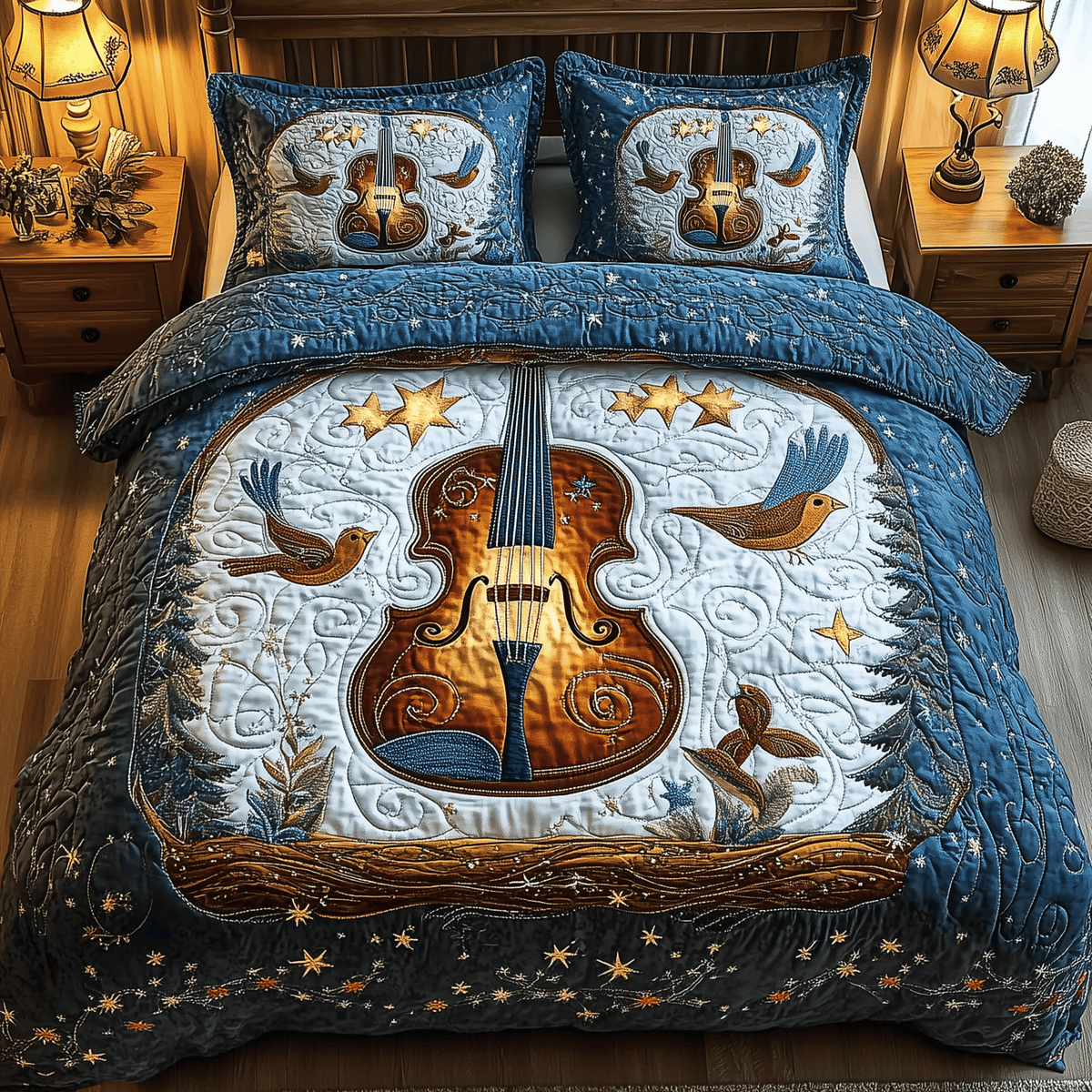 Blue Melodies 3 Piece Quilted Bedding Set Gift For Music Lovers