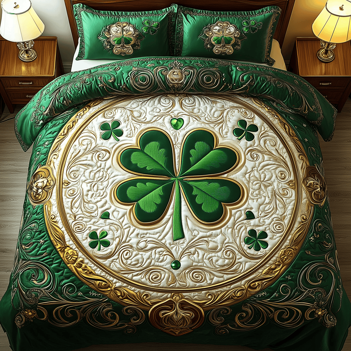 Lucky Irish Shamrock 3 Piece Quilted Bedding Set Gift For Home Decor Lovers