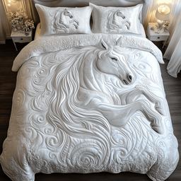 Elegant White Horse 3 Piece Quilted Bedding Set Gift For Horse Lovers