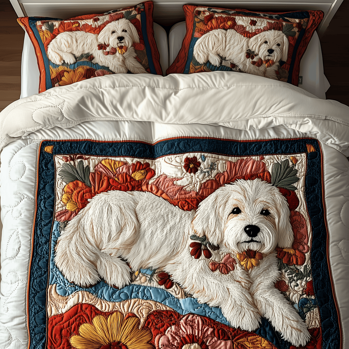 Floral Maltese 3 Piece Quilted Bedding Set Gift For Flower Lovers