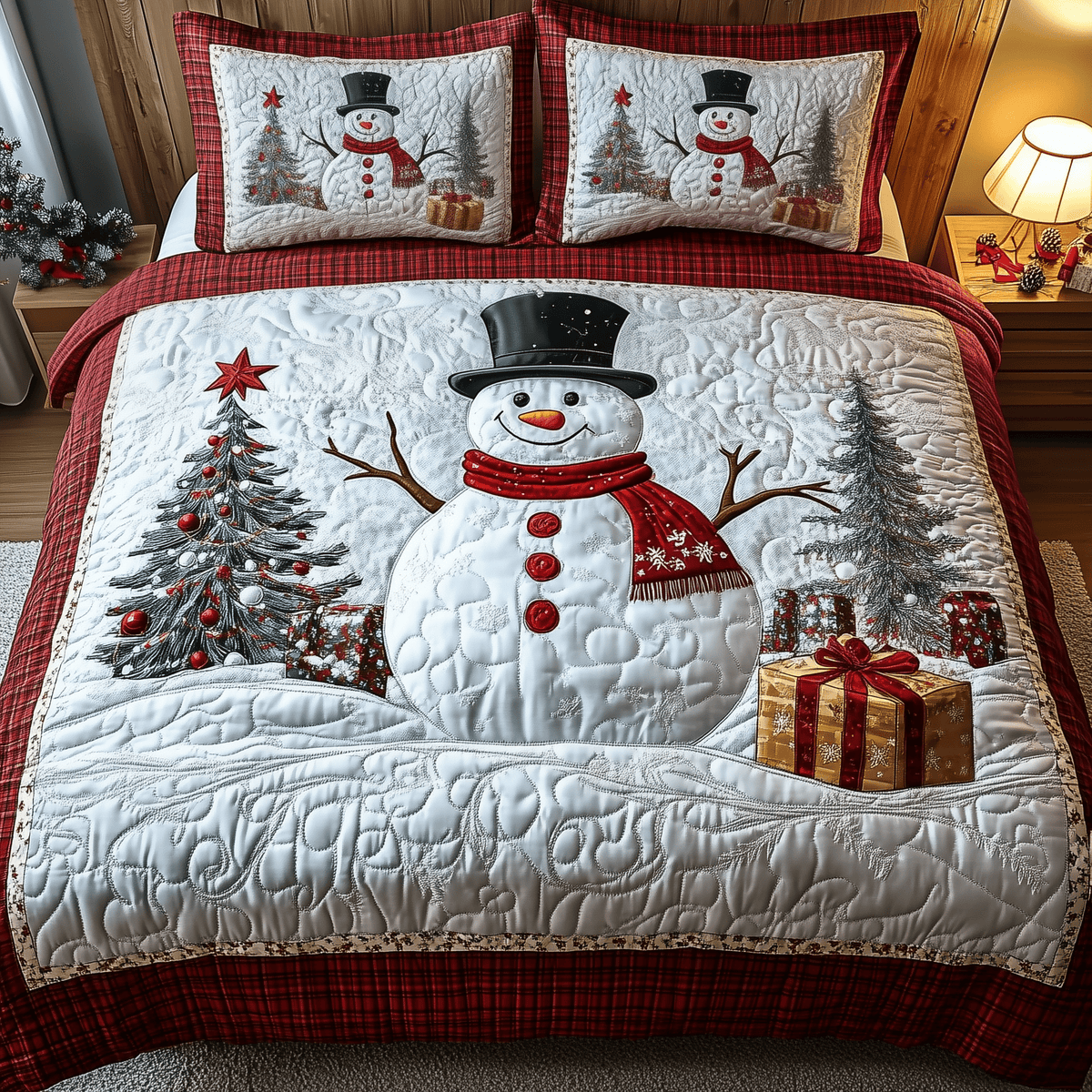 Happy Snowman 3 Piece Quilted Bedding Set Gift For Holiday Decor Lovers