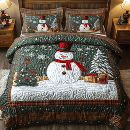 Happy Snowman 3 Piece Quilted Bedding Set Gift For Holiday Decor Lovers