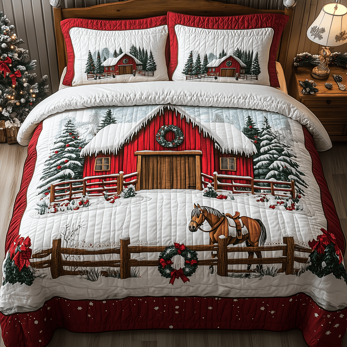 Snowy Horse Farmhouse 3 Piece Quilted Bedding Set Gift For Horse Lovers