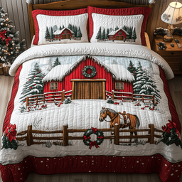 Snowy Horse Farmhouse 3 Piece Quilted Bedding Set Gift For Horse Lovers