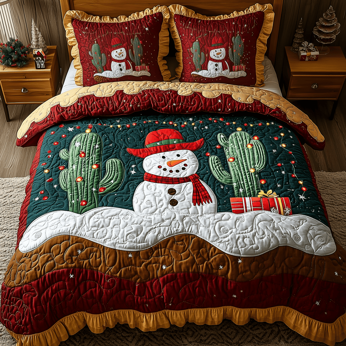 Joyful Cactus 3 Piece Quilted Bedding Set Christmas Gift For Holiday Decor Lovers