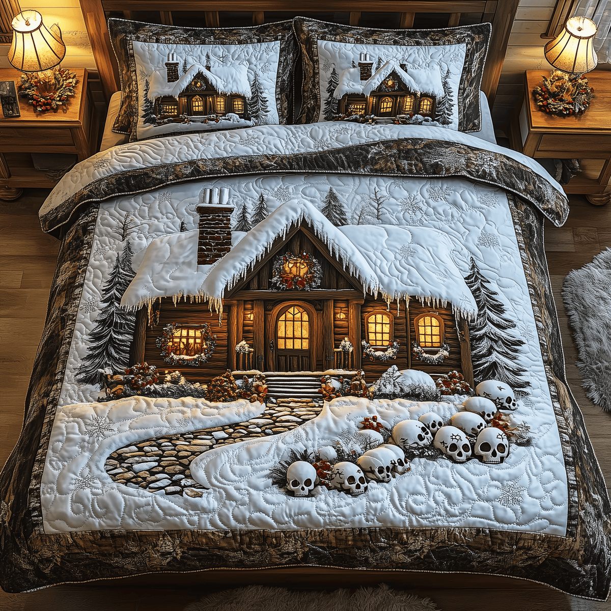Skull Snow Cabin 3 Piece Quilted Bedding Set Christmas Gift For Gothic Decor Lovers