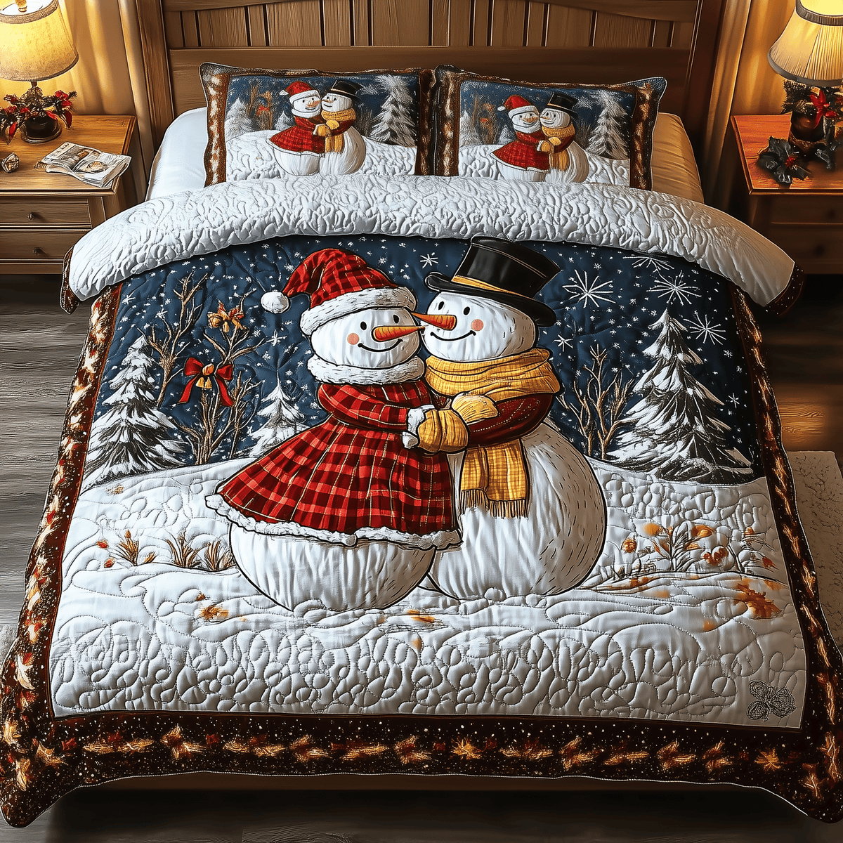 Snowman Couple 3 Piece Quilted Bedding Set Gift For Holiday Decor Lovers