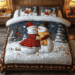 Snowman Couple 3 Piece Quilted Bedding Set Gift For Holiday Decor Lovers