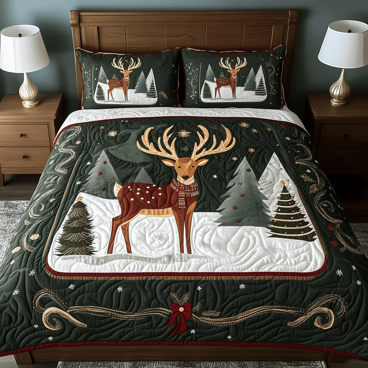 Reindeer 3 Piece Quilted Bedding Set Christmas Gift For Holiday Decor Lovers