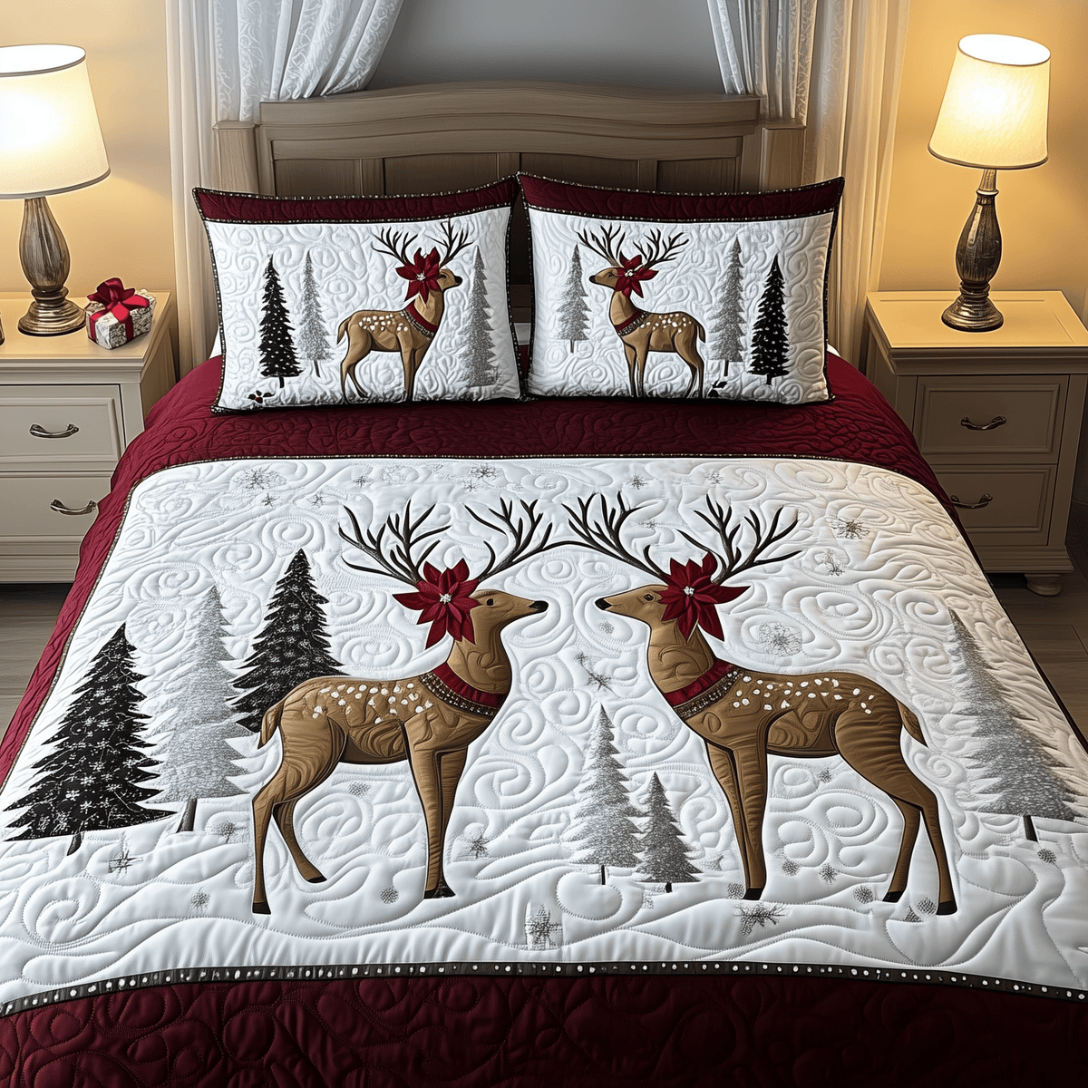 Reindeer 3 Piece Quilted Bedding Set Christmas Gift For Holiday Decor Lovers