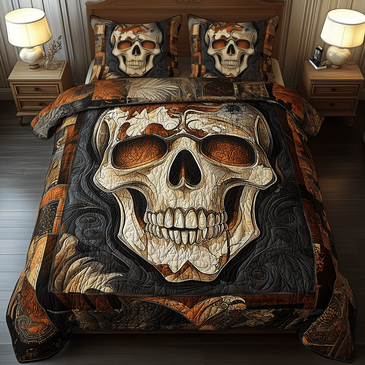 Mystique Solo Skull 3 Piece Quilted Bedding Set Gift For Gothic Decor Lovers