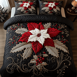 Elegant Poinsettias 3 Piece Quilted Bedding Set Gift For Holiday Decor Lovers