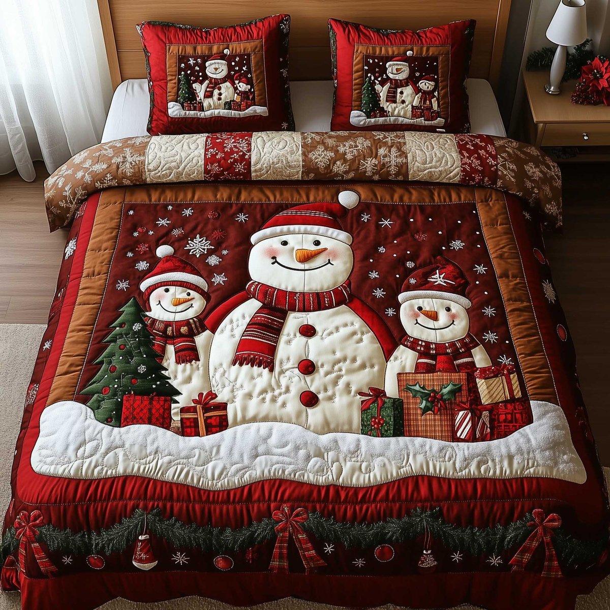 Snowy Companions 3 Piece Quilted Bedding Set Gift For Holiday Decor Lovers