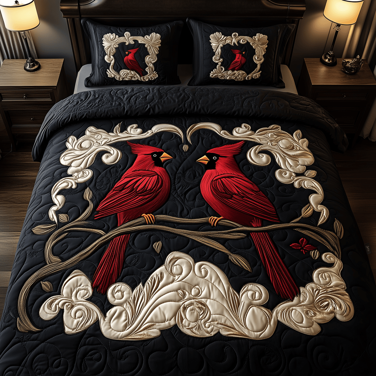Red Cardinal Couple 3 Piece Quilted Bedding Set Gift For Bird Lovers