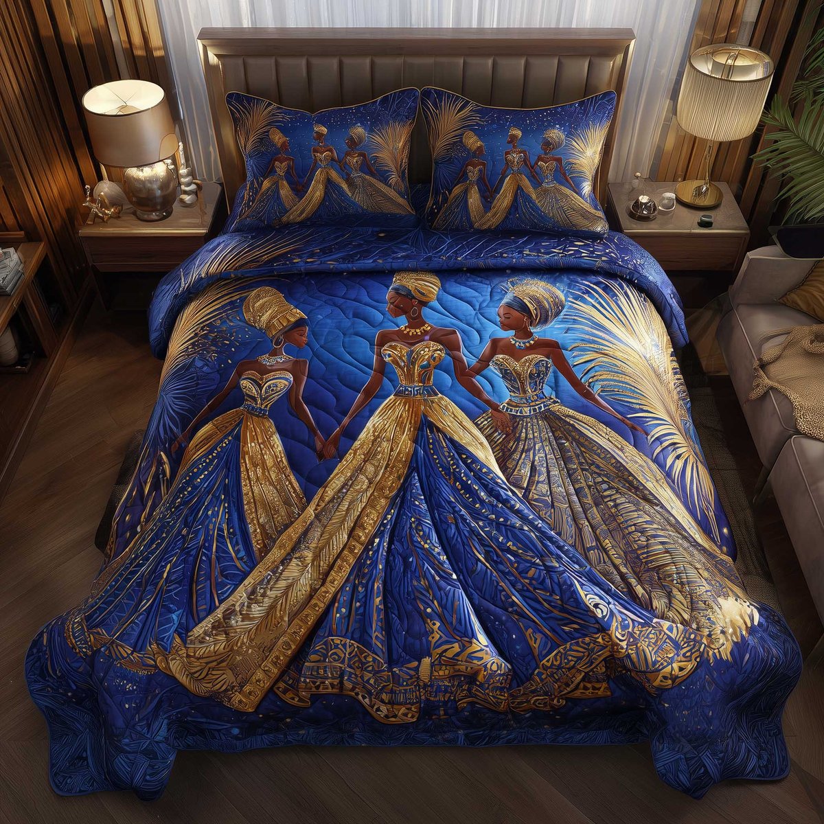 Golden Queens 3 Piece Quilted Bedding Set Gift For African American Heritage Lovers