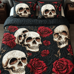 Rose Skulls 3 Piece Quilted Bedding Set Gift For Flower Lovers