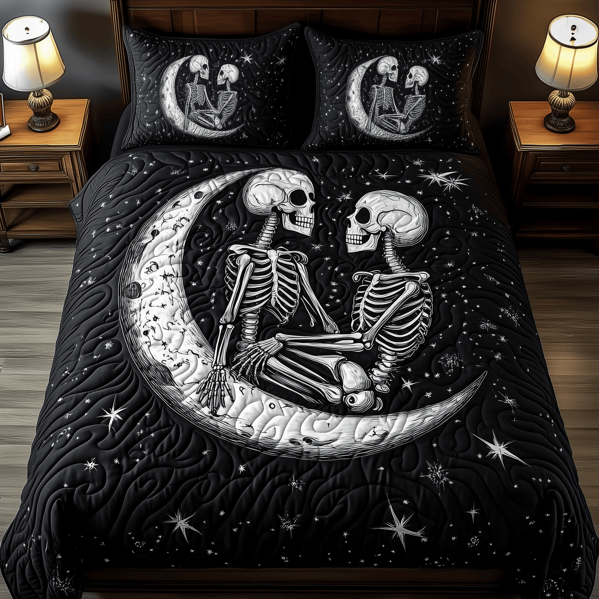 Skull Couple 3 Piece Quilted Bedding Set Gift For Gothic Decor Lovers