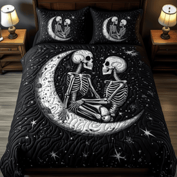 Skull Couple 3 Piece Quilted Bedding Set Gift For Gothic Decor Lovers