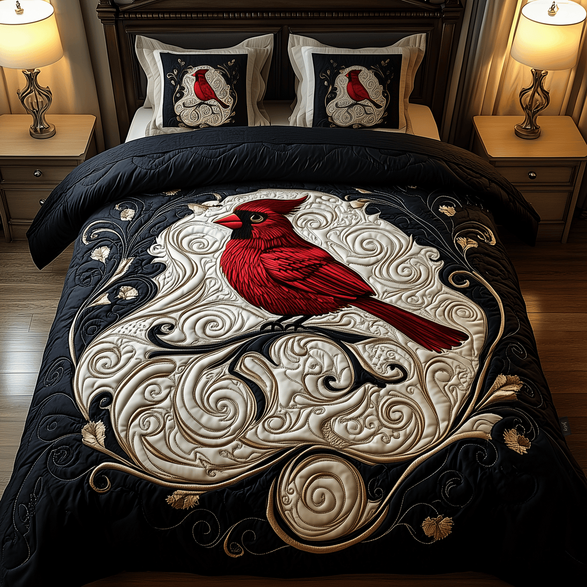 Red Cardinal 3 Piece Quilted Bedding Set Gift For Bird Lovers