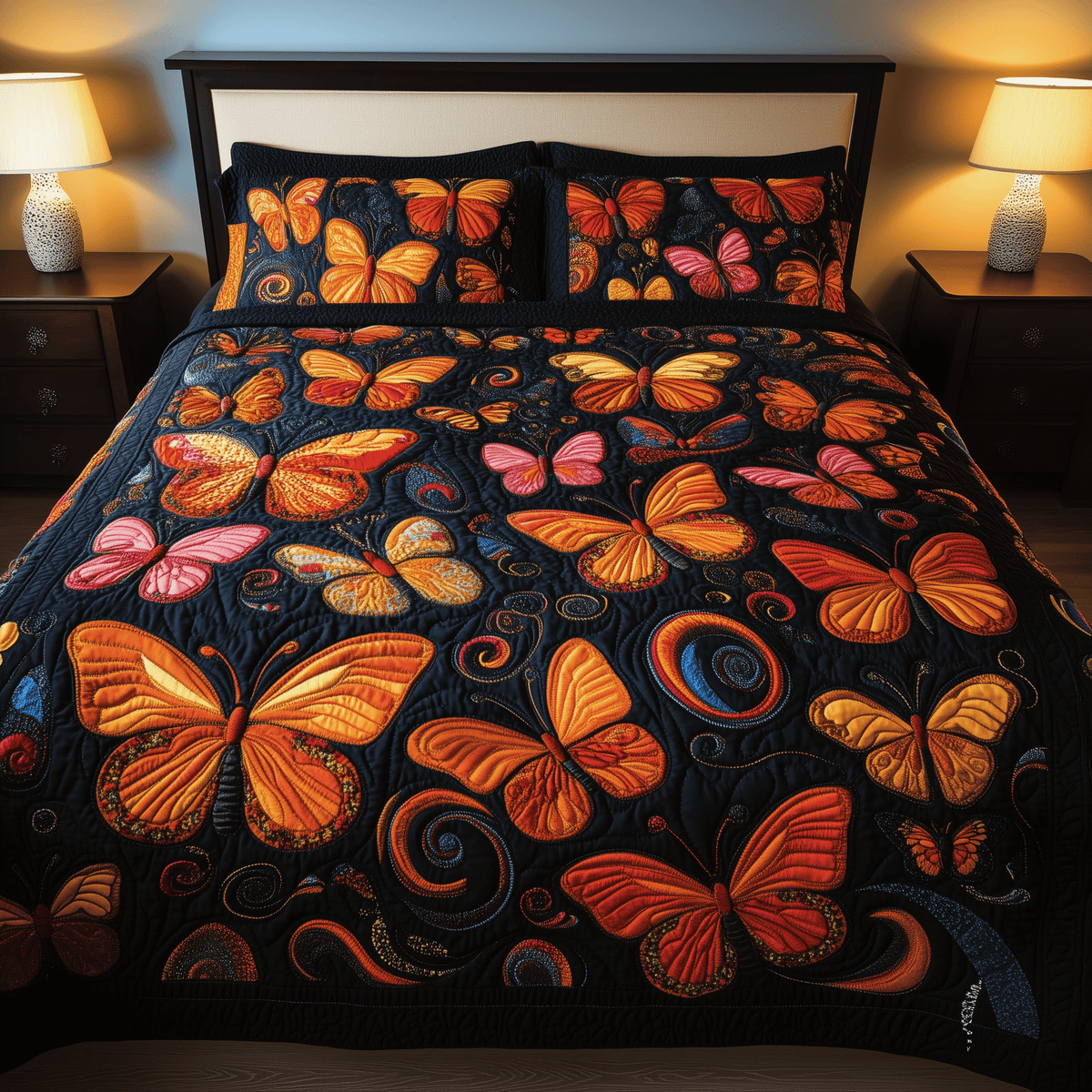 Butterflies Deep Night Butterfly 3 Piece Quilted Bedding Set Gift For Butterfly Lovers