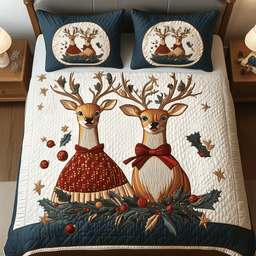 Reindeer Couple 3 Piece Quilted Bedding Set Christmas Gift For Holiday Decor Lovers