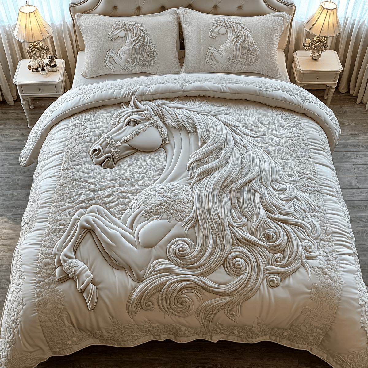 Elegant White Horse 3 Piece Quilted Bedding Set Gift For Horse Lovers
