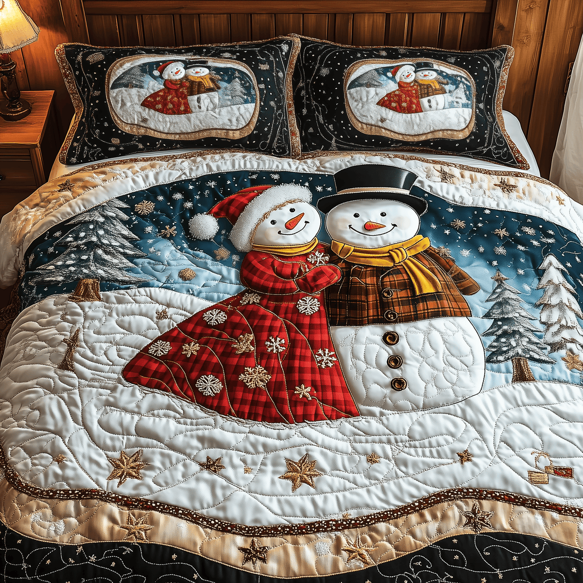 Snowman Couple 3 Piece Quilted Bedding Set Gift For Holiday Decor Lovers