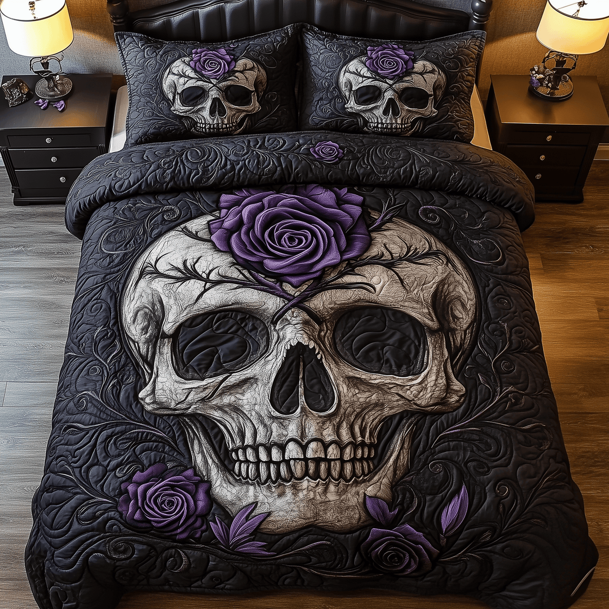 Violet Rose Skull 3 Piece Quilted Bedding Set Gift For Flower Lovers