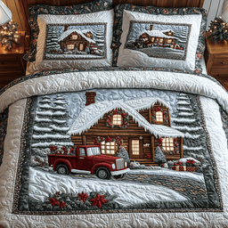 Rustic Winter Cabin 3 Piece Quilted Bedding Set Christmas Gift For Holiday Decor Lovers