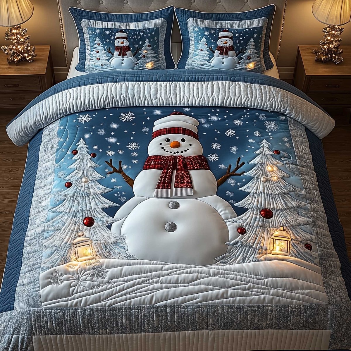 Snowy Companions 3 Piece Quilted Bedding Set Gift For Holiday Decor Lovers