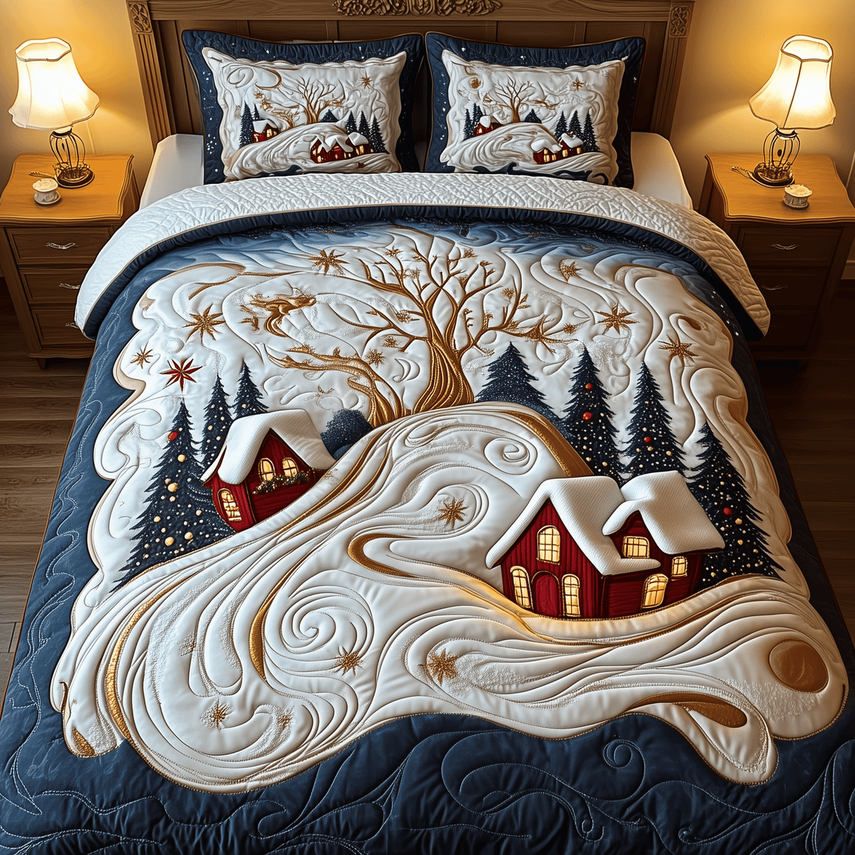 Village 3 Piece Quilted Bedding Set Christmas Gift For Holiday Decor Lovers