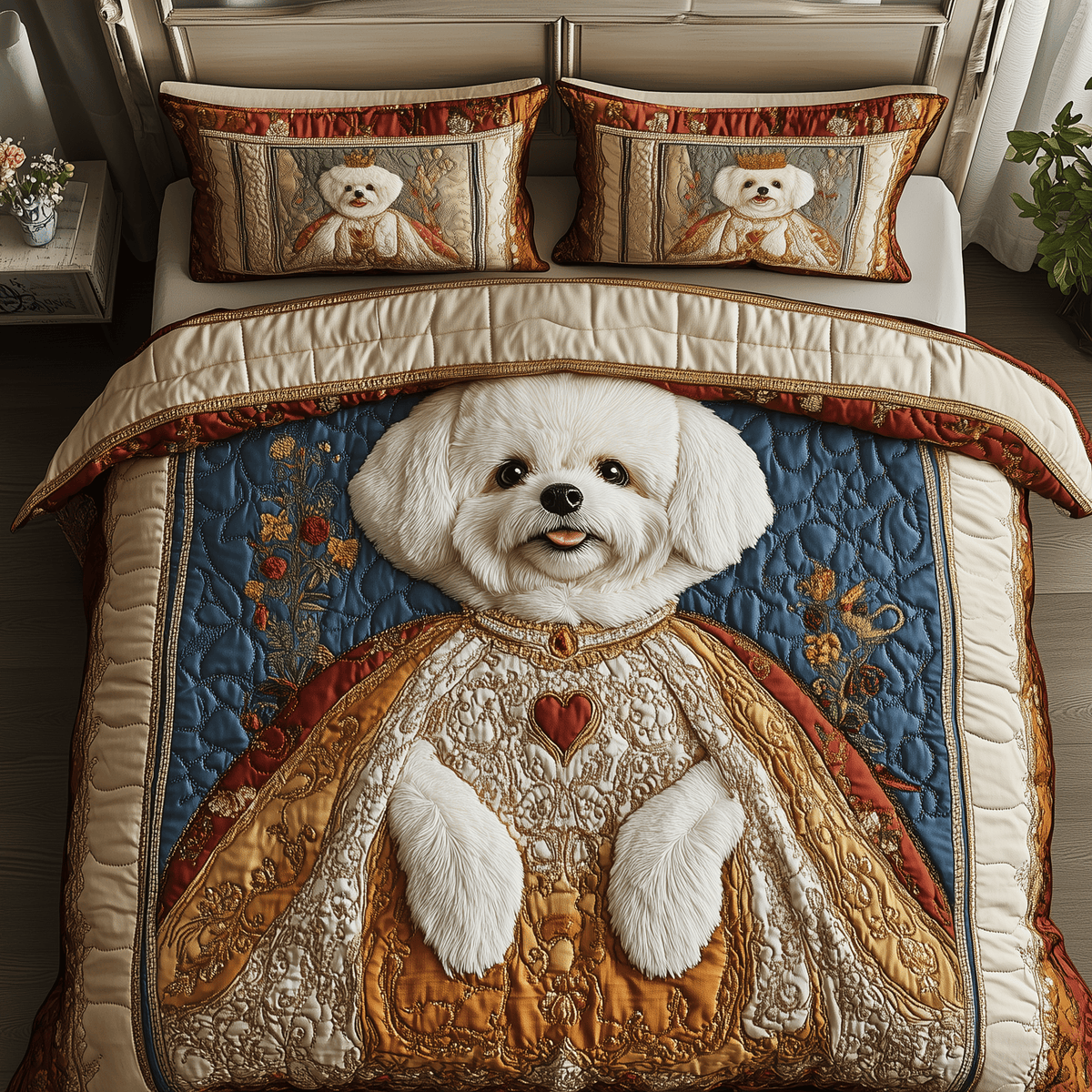 Bichon Frise King Dog 3 Piece Quilted Bedding Set Gift For Dog Lovers