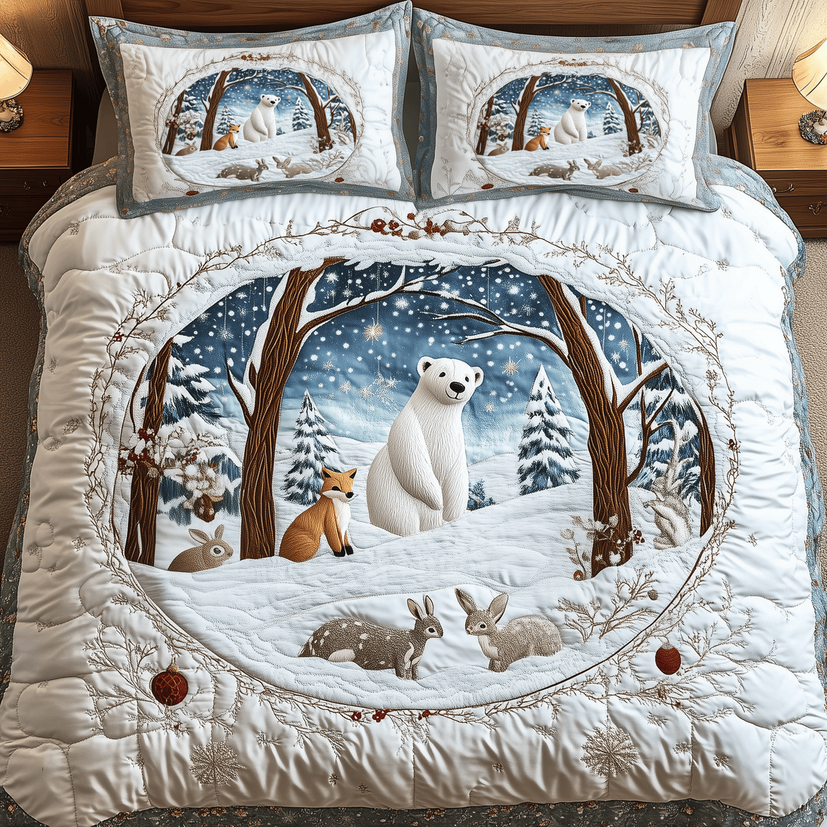 Whimsical Winter 3 Piece Quilted Bedding Set Christmas Gift For Holiday Decor Lovers