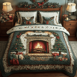 Cozy Fireplace 3 Piece Quilted Bedding Set Christmas Gift For Holiday Decor Lovers