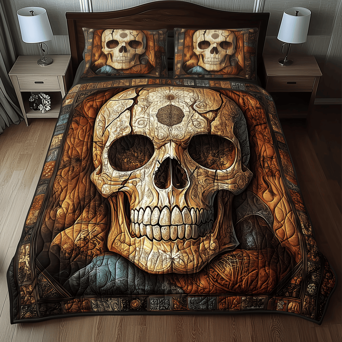 Mystique Solo Skull 3 Piece Quilted Bedding Set Gift For Gothic Decor Lovers