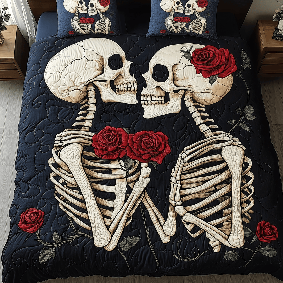 Skull Couple 3 Piece Quilted Bedding Set Gift For Gothic Decor Lovers