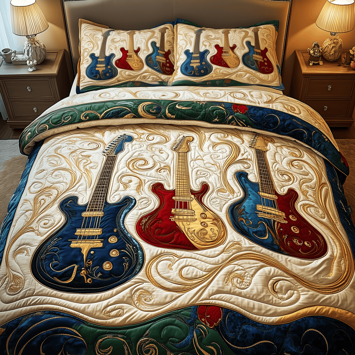 Elegant Guitar 3 Piece Quilted Bedding Set Gift For Music Lovers