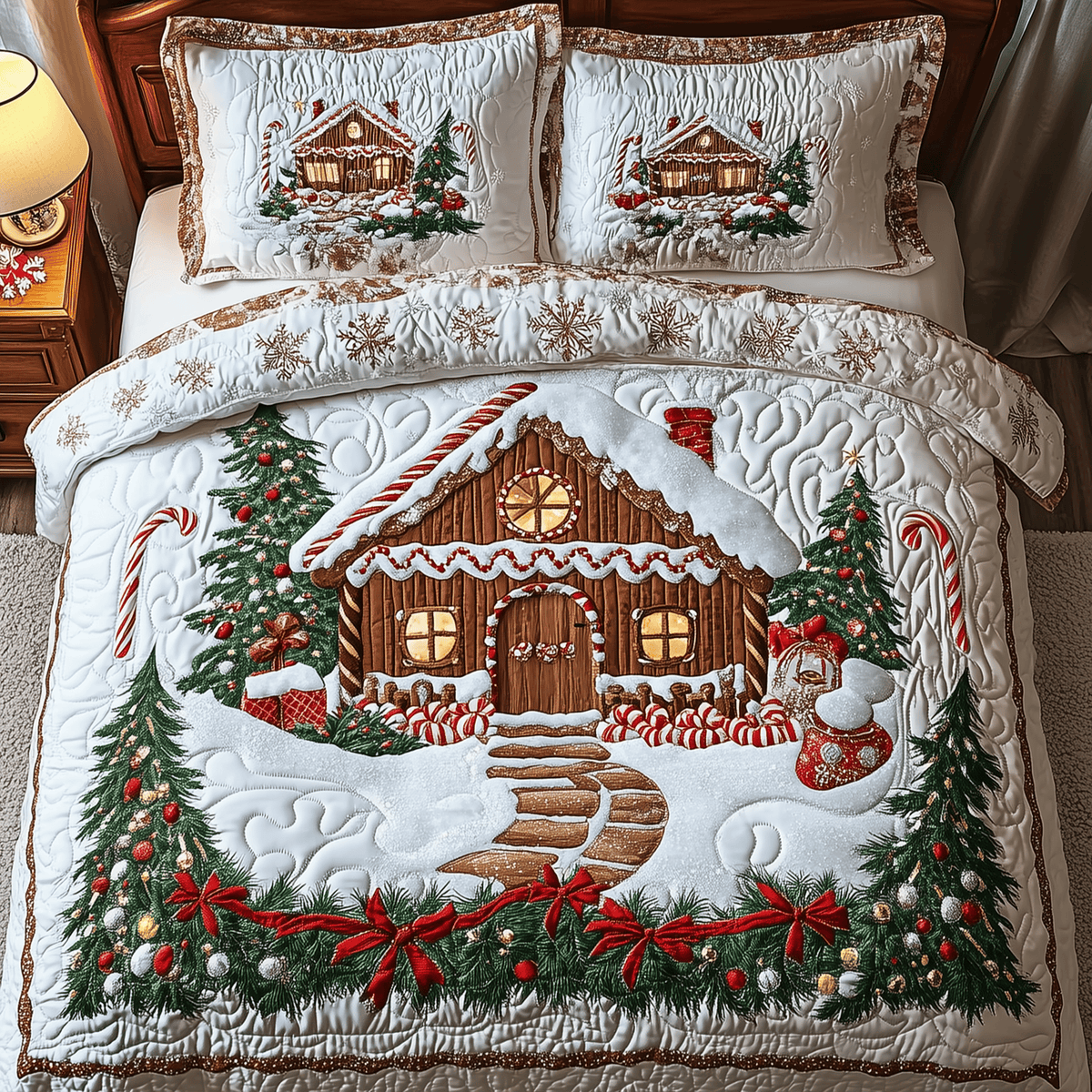 Candy Canes Cabin 3 Piece Quilted Bedding Set Gift For Holiday Decor Lovers
