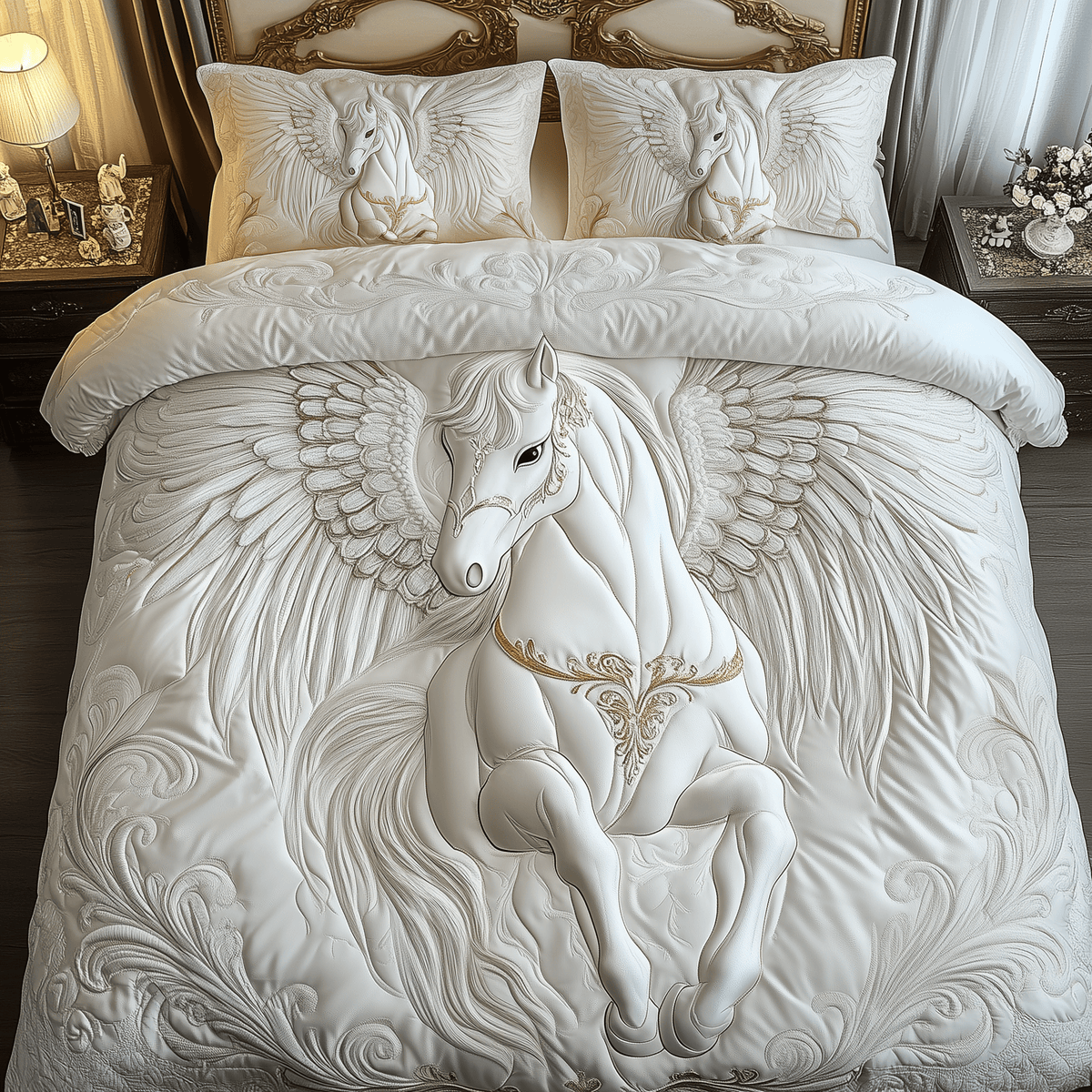 Elegant White Horse 3 Piece Quilted Bedding Set Gift For Horse Lovers