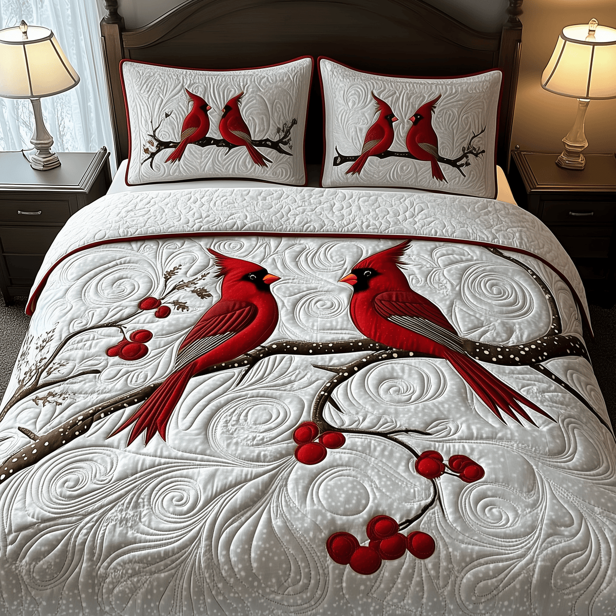 Red Cardinal Couple 3 Piece Quilted Bedding Set Gift For Bird Lovers